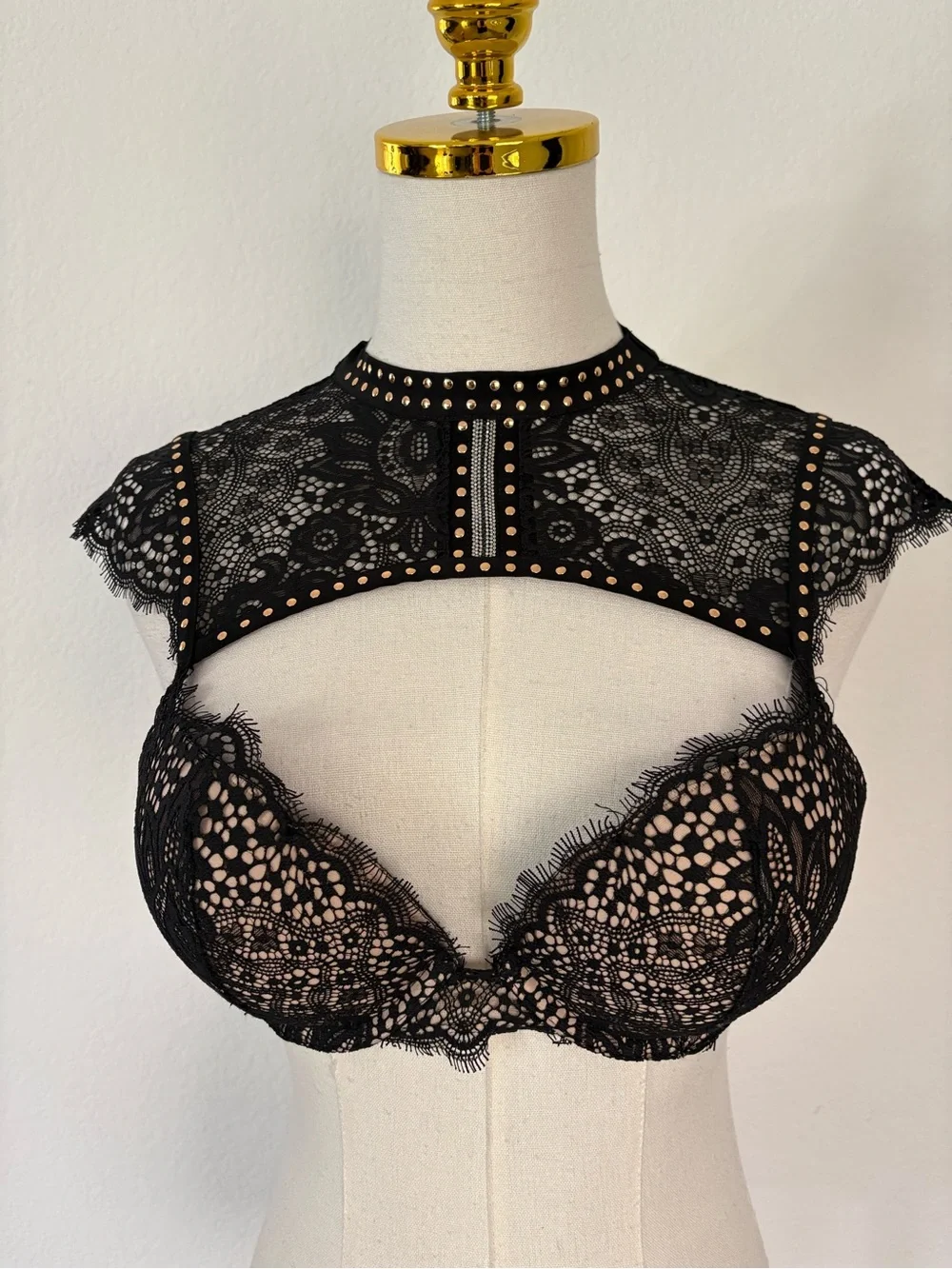 Victoria's Secret Black Lace High-Neck Studded Bralette with Nude Underlay